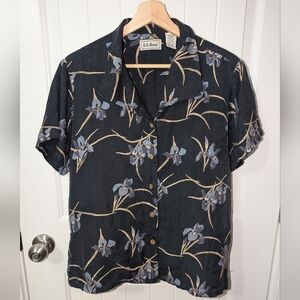 Vintage L.L.Bean Silk Button Up Floral Shirt Women's Large Black/Blue